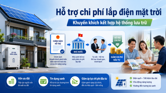 Chính sách hỗ trợ vốn cho điện mặt trời mái nhà và hệ thống lưu trữ 2026 đang được hoàn thiện hỗ trợ chi phí lắp điện mặt trời cho hộ gia đình